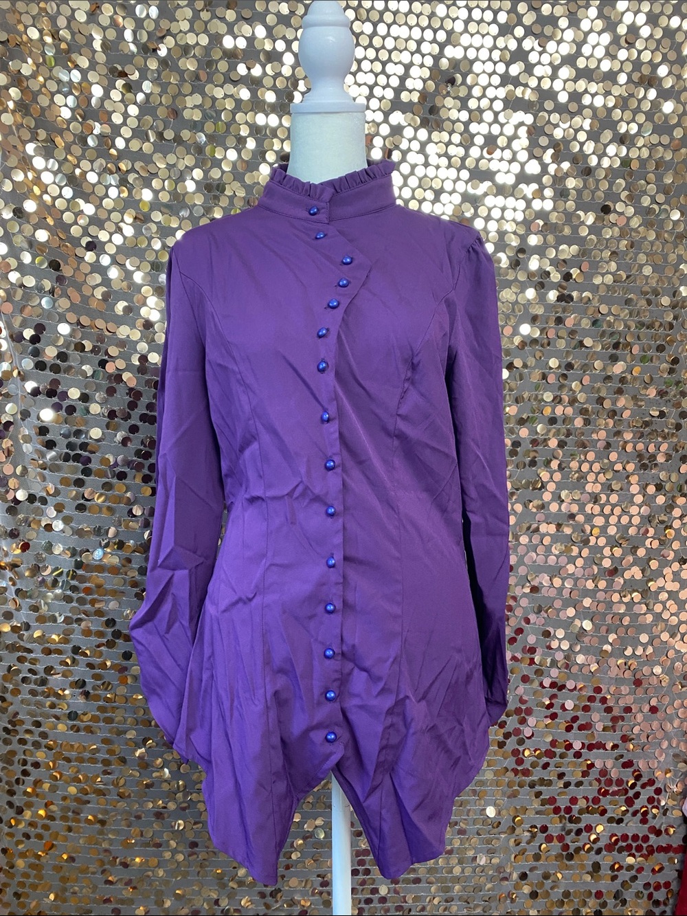 Asymmetric Purple Button-Front Blouse with Ruffled Stand Collar #1520